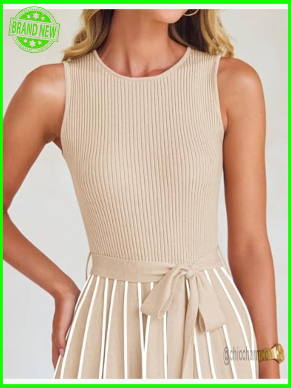 Sleeveless Ribbed Knit Maxi Dress with Tie Waist Crewneck Casual A-Line - Picture 4 of 7